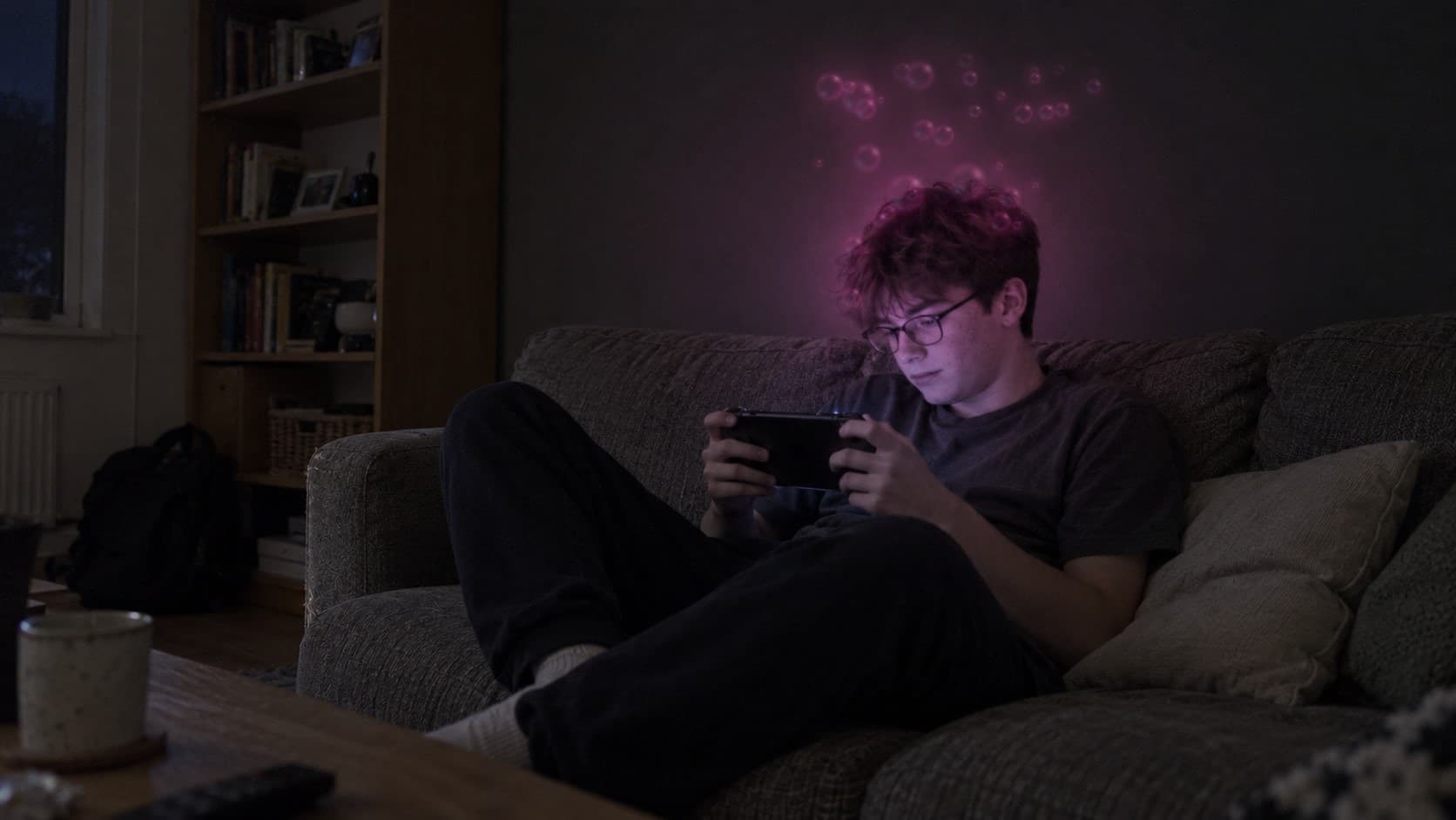 A teenage boy relaxing on a sofa with a handheld game, with animated pink bubbles forming in his hair.
