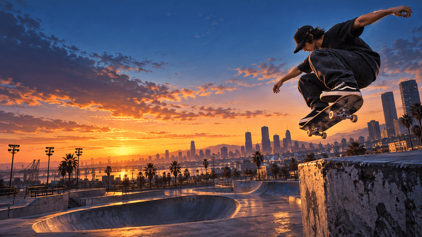 Promotional concept artwork of a skateboarder above a concrete skatepark at sunset.