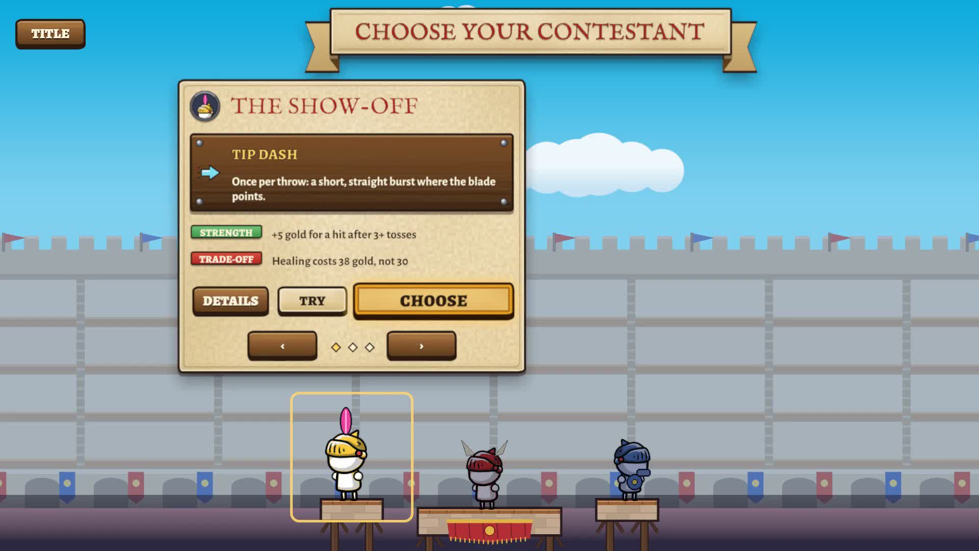 Choosing between contestants, with the Show-off's Tip Dash ability shown.