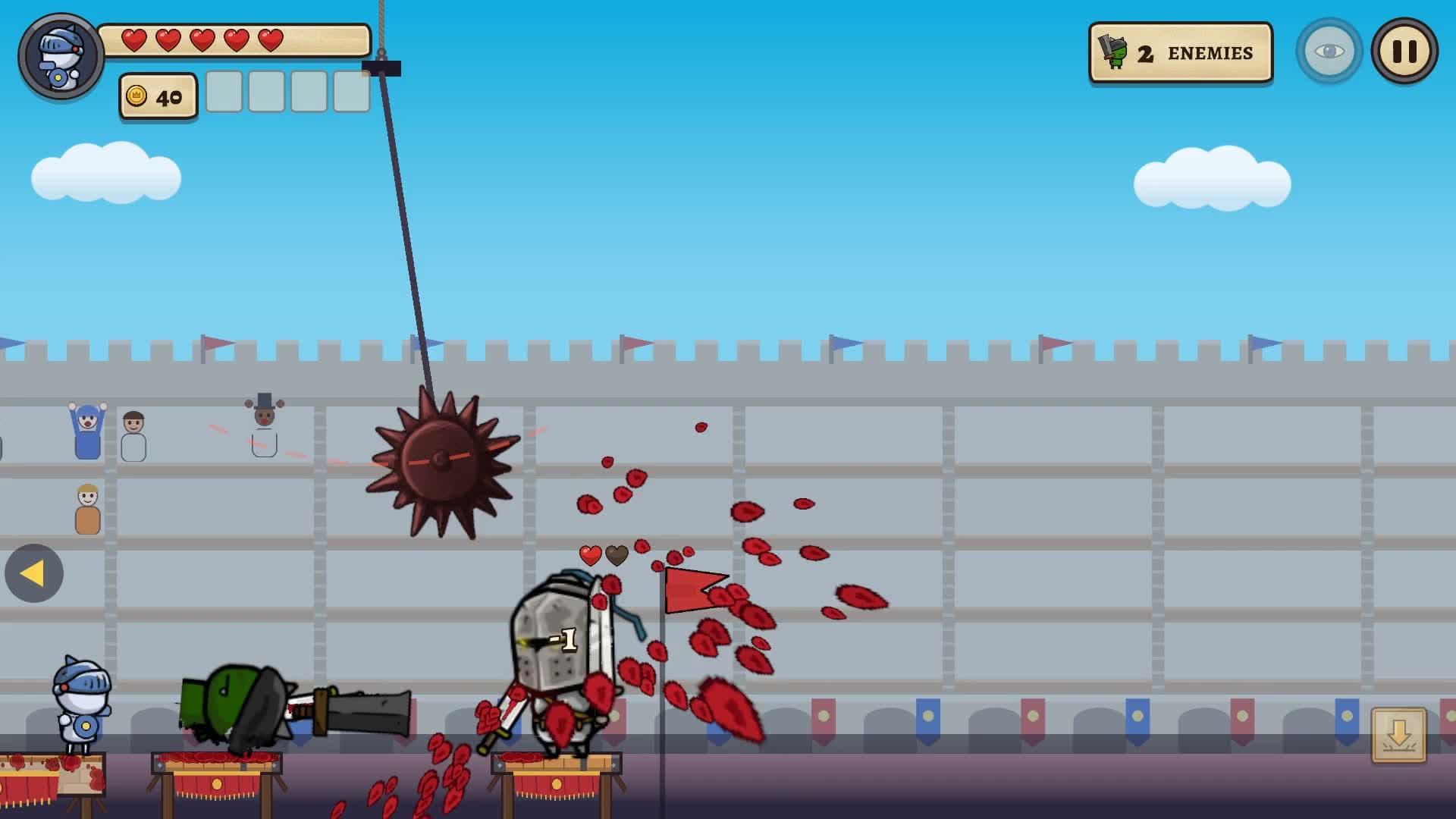 A swinging spiked ball knocks a knight off his platform.