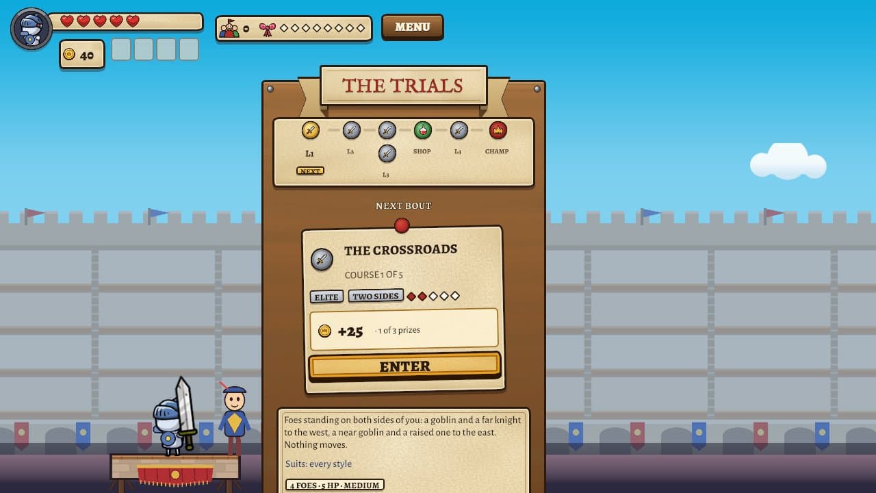 The Trials board showing the next bout, The Crossroads.