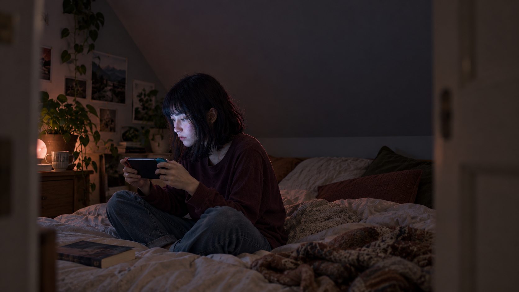 A woman with a black bob playing a handheld console in her attic bedroom, with softly glowing bubbles rising from her hair.