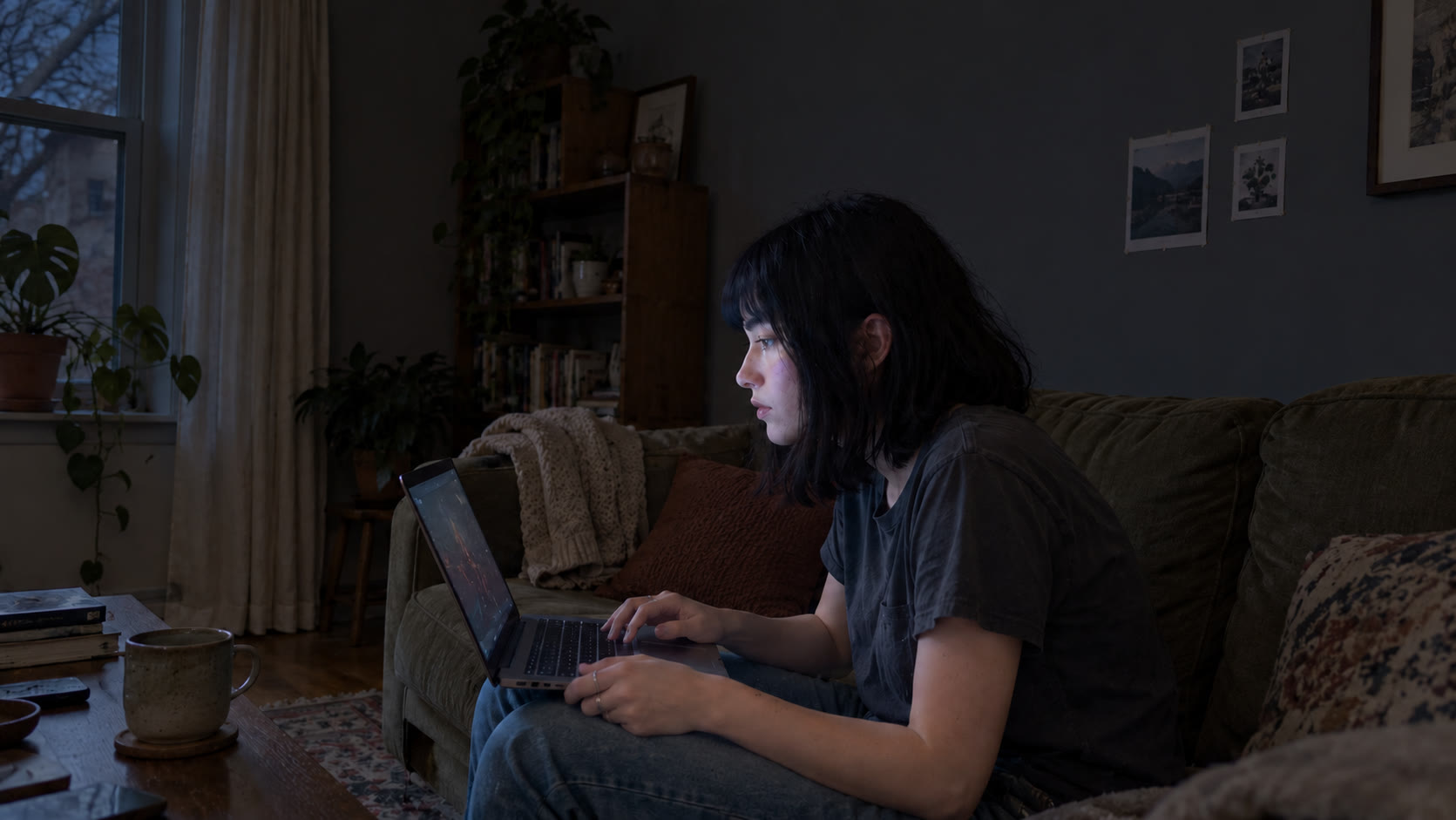 A woman playing on her laptop at home in a dim room, with animated pink bubbles forming in her hair.